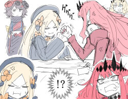 Rule 34 | 4girls, abigail williams (fate), arm wrestling, avalon (fate/stay night), black eyes, blonde hair, blue eyes, closed eyes, comic, dress, eyebrows hidden by hair, barghest (fate), baobhan sith (fate), fate/grand order, fate (series), flower, grey eyes, hair between eyes, hair flower, hair ornament, hair ribbon, hat, japanese clothes, kankan33333, katsushika hokusai (fate), kimono, long hair, multicolored eyes, multiple girls, nail polish, open mouth, pointy ears, red nails, ribbon, short hair, sweat, table, yellow eyes