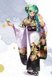 Rule 34 | 1girl, :d, alternate hairstyle, animal, animal on hand, bad id, bad pixiv id, bird, bird on hand, bleach, braid, braided ponytail, character name, facial mark, floral print, full body, green hair, hair between eyes, hair ornament, hair over shoulder, hand up, happy, head tilt, japanese clothes, kimono, long hair, long sleeves, looking to the side, nelliel tu odelschwanck, no mask, obi, on head, open mouth, outstretched arm, print kimono, sandals, sash, single braid, smile, socks, solo, standing, tongue, umi (pixiv6861961), white socks, wide sleeves, yellow eyes, yukata