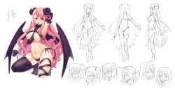 Rule 34 | 1girl, arm up, armpits, bad id, bad pixiv id, bat wings, black gloves, black thighhighs, blush, breasts, covered erect nipples, demon girl, demon tail, elbow gloves, gloves, highres, horns, large breasts, long hair, matatabi maru, open mouth, original, pink eyes, pink hair, sheep horns, signature, simple background, sketch, smile, tail, thighhighs, very long hair, white background, wings
