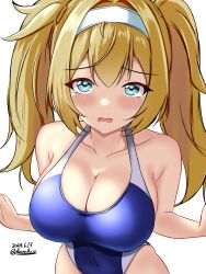 Rule 34 | 1girl, blonde hair, blue eyes, blue one-piece swimsuit, blush, breasts, cleavage, collarbone, competition swimsuit, covered navel, dated, embarrassed, gambier bay (kancolle), hair between eyes, hairband, highres, kantai collection, large breasts, long hair, looking at viewer, montemasa, one-piece swimsuit, open mouth, simple background, swimsuit, tears, twintails, twitter username, upper body, white background