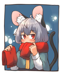 Rule 34 | 1girl, animal ear fluff, animal ears, blush, capelet, greenpiecerice, grey hair, holding, holding clothes, holding scarf, long sleeves, mouse ears, mouse tail, nazrin, red eyes, red scarf, scarf, shirt, short hair, solo, tail, touhou, white shirt