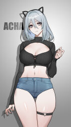 Rule 34 | 1girl, absurdres, animal ears, black sweater, blue shorts, breasts, cat ears, cleavage, cleavage cutout, closed mouth, clothing cutout, cowboy shot, cropped sweater, grey background, grey eyes, grey hair, hair between eyes, hand up, hanya (honkai: star rail), highres, honkai: star rail, honkai (series), large breasts, looking at viewer, micro shorts, ribbed sweater, shorts, simple background, solo, sweater, thigh strap, w.q.y