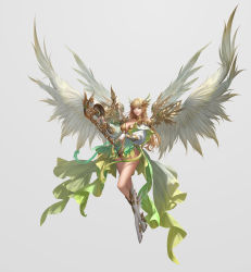 Rule 34 | 1girl, absurdres, bare shoulders, blonde hair, blunt bangs, boots, breasts, bridal gauntlets, cleavage, commentary, daeho cha, dress, english commentary, feathered wings, fingernails, floating, green dress, green eyes, green nails, grey background, hair ornament, harp, high heel boots, high heels, highres, holding, instrument, knee boots, league of angels, lips, long hair, long sleeves, looking at viewer, medium breasts, multicolored clothes, multicolored dress, multiple wings, nail polish, off-shoulder dress, off shoulder, parted lips, pink lips, signature, simple background, smile, solo, teeth, white dress, white footwear, winged hair ornament, wings
