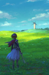Rule 34 | 1girl, armor, blonde hair, broken, broken sword, broken weapon, cape, cloud, day, field, from behind, full body, grass, hiko (scape), holding, holding sword, holding weapon, original, outdoors, scenery, skirt, sky, solo, standing, sword, torn cape, torn clothes, torn skirt, weapon, wind, windmill