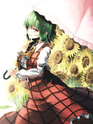Rule 34 | 1girl, ascot, breasts, female focus, flower, green hair, hand on own chest, highres, ibuki notsu, kazami yuuka, long sleeves, looking at viewer, open clothes, open vest, over shoulder, parasol, red eyes, shirt, short hair, skirt, smile, solo, sunflower, touhou, umbrella, vest