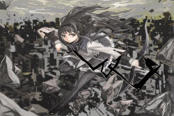 Rule 34 | 10s, akemi homura, arrow (projectile), bad id, bad pixiv id, black eyes, black hair, boots, bow (weapon), cityscape, drawing bow, flying, full body, holding, holding bow (weapon), holding weapon, long hair, mahou shoujo madoka magica, mahou shoujo madoka magica (anime), mo-mo-ride, pantyhose, skirt, solo, weapon