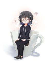 Rule 34 | 1girl, ^ ^, artist self-insert, black-framed eyewear, black footwear, black hair, black hoodie, black pants, blue hair, blush, closed eyes, commentary, deyui, drawstring, drooling, english commentary, floral background, glasses, gradient hair, hair between eyes, hair ornament, highres, hood, hoodie, long sleeves, mouth drool, multicolored hair, original, pants, parted lips, shoes, smile, solo, sparkle background