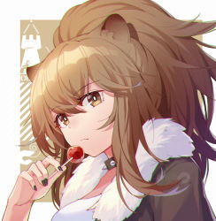 Rule 34 | 1girl, animal ears, arknights, black nails, blonde hair, blue shrimp, brown eyes, candy, closed mouth, expressionless, food, lion ears, lollipop, long hair, looking at viewer, nail polish, ponytail, siege (arknights), solo, upper body