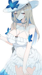 1girl absurdres aponia_(honkai_impact) aponia_(mesmerizing_blue)_(honkai_impact) awe_(adorableduckyy) bare_shoulders blonde_hair blue_eyes breasts closed_mouth collarbone commentary cowboy_shot dress hair_between_eyes half-closed_eyes hat hat_ornament highres honkai_(series) honkai_impact_3rd large_breasts long_hair looking_at_viewer mole mole_under_eye official_alternate_costume simple_background solo white_background white_dress white_hat