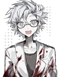 Rule 34 | 1boy, ai (7148339745), blood, blood on clothes, blue eyes, chinese commentary, collarbone, commentary request, glasses, grey shirt, highres, kanou aogu, lab coat, looking at viewer, male focus, open clothes, open mouth, pale skin, saibou shinkyoku, semi-rimless eyewear, shirt, short hair, sketch, smile, solo, upper body, white hair