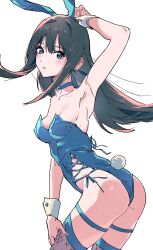 Rule 34 | 1girl, animal ears, arm up, armpits, bare shoulders, black hair, bloom into me15, blue choker, blue eyes, blush, breasts, choker, cleavage, collarbone, detached sleeves, fishnet thighhighs, fishnets, floating hair, hand on own head, hand on own knee, highres, idolmaster, idolmaster cinderella girls, leaning forward, leotard, long hair, looking at viewer, looking back, multi-strapped dress, narrow waist, open mouth, playboy bunny, rabbit ears, rabbit tail, shibuya rin, simple background, small breasts, solo, standing, tail, thighhighs, thighs, white background, wrist cuffs
