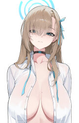Rule 34 | 1girl, asuna (blue archive), blue archive, blue choker, blue eyes, blue halo, blue ribbon, breasts, brown hair, choker, closed mouth, hair over one eye, hair ribbon, halo, highres, jason kim, large breasts, long hair, open clothes, open shirt, ribbon, shirt, simple background, solo, upper body, white background, white shirt