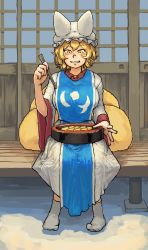 Rule 34 | 1girl, absurdres, animal ears, animal hat, blonde hair, blush, breasts, chanta (ayatakaoisii), chopsticks, commentary request, door, dress, food, fox ears, fox tail, grin, hat, highres, holding, holding chopsticks, inarizushi, large breasts, looking at viewer, looking down, mob cap, multiple tails, no shoes, parted lips, short hair, sitting, slit pupils, smile, socks, solo, sushi, tabard, tail, touhou, veranda, white dress, white hat, white socks, yakumo ran, yellow eyes