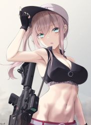 Rule 34 | 1girl, ar-57, ar-57 (girls&#039; frontline), arm up, armpits, assault rifle, bags under eyes, bare arms, bare shoulders, baseball cap, belt, black gloves, black shirt, blue eyes, breasts, brown hair, carbine, cleavage, crop top, ear piercing, earrings, fingerless gloves, fn 5.7x28mm, girls&#039; frontline, gloves, groin, gun, hat, highres, horizontal magazine, jewelry, keenh, large breasts, long hair, looking at viewer, midriff, military cartridge, navel, parted lips, pdw cartridge, personal defense weapon, piercing, pistol-caliber carbine, pistol cartridge, ponytail, rifle, see-through, shirt, side ponytail, sleeveless, sleeveless shirt, solo, stomach, submachine gun, supersonic ammunition, translucent, upper body, weapon, white hat
