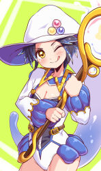 Rule 34 | 1girl, ;q, black hair, blue headwear, breasts, brown eyes, cleavage, cleavage cutout, closed mouth, clothing cutout, commentary, cougar (cougar1404), cowboy shot, gradient hat, green background, holding, holding staff, large hat, leotard, long sleeves, looking at viewer, one eye closed, original, short hair, small breasts, smile, solo, staff, standing, tongue, tongue out, two-sided fabric, two-sided headwear, white headwear, white leotard, zelily (cougar1404)