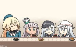 Rule 34 | 4girls, ^^^, anchor symbol, atago (kancolle), beret, black gloves, blonde hair, blue eyes, blue headwear, blush, breasts, closed eyes, closed mouth, commentary request, conveyor belt sushi, dress, dual persona, eating, flat cap, food, gloves, gradient background, green eyes, hair ribbon, hammer and sickle, hamu koutarou, hat, headgear, hibiki (kancolle), highres, kantai collection, large breasts, long hair, long sleeves, looking at viewer, maestrale (kancolle), military, military uniform, multiple girls, one-hour drawing challenge, open mouth, peaked cap, remodel (kantai collection), ribbon, sailor collar, sailor dress, school uniform, serafuku, silver hair, smile, star (symbol), sushi, uniform, verniy (kancolle), white dress, white headwear
