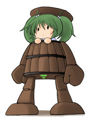 Rule 34 | 1girl, 216, bucket, chibi, female focus, full body, green hair, hair bobbles, hair ornament, in bucket, in container, kisume, mecha, panties, robot, simple background, solid oval eyes, solo, striped clothes, striped panties, touhou, twintails, underwear, white background