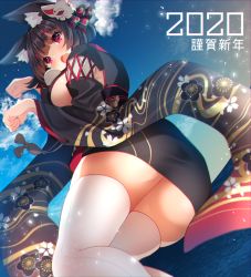 Rule 34 | 1girl, 2020, absurdres, animal ear fluff, animal ears, ass, azur lane, black hair, black kimono, blush, breasts, cat ears, cat mask, cloud, cloudy sky, dutch angle, fang, floral print, highres, huge filesize, japanese clothes, kimono, looking back, mask, mask on head, no tail, ocean, open mouth, paw pose, short hair, short kimono, sideboob, skin fang, sky, solo, thighhighs, thighs, white thighhighs, wide sleeves, yamaha tsui, yamashiro (azur lane)