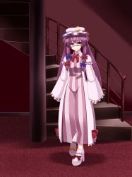 Rule 34 | 1girl, bespectacled, bow, breasts, coat, crescent, dress, female focus, glasses, hair bow, hat, highres, light smile, long hair, medium breasts, patchouli knowledge, ponkotsu (ayarosu), purple eyes, purple hair, ribbon, shoes, solo, stairs, touhou, very long hair
