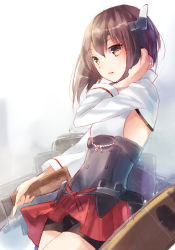Rule 34 | 10s, 1girl, adjusting hair, armor, bad id, bad pixiv id, brown eyes, brown hair, headgear, kantai collection, looking at viewer, machinery, nunucco, open mouth, personification, short hair, solo, taihou (kancolle)