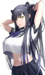 Rule 34 | 1girl, adjusting hair, alternate costume, animal ears, arms behind head, black hair, black skirt, blue archive, blunt bangs, breasts, commentary request, hair tie, halo, highres, kuu (user gngs5284), large breasts, long hair, looking at viewer, mouth hold, navel, pleated skirt, school uniform, serafuku, short sleeves, shun (blue archive), simple background, skirt, solo, stomach, tiger ears, tiger girl, white background, yellow eyes