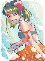 Rule 34 | absurdres, animal, bandeau, belly chain, blue bandeau, bokujou monogatari, bokujou monogatari: colobocle station, ckdk3585, fish, fish in mouth, gem, green hair, highres, holding, holding animal, holding fish, jewelry, lettuce (bokujou monogatari), mermaid, monster girl, necklace, pearl (gemstone), pearl necklace, seashell, shell