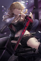 Rule 34 | 1girl, artoria pendragon (all), artoria pendragon (fate), bare shoulders, black footwear, black jacket, black shorts, black tank top, blonde hair, blurry, blurry background, boots, breasts, city, closed mouth, collarbone, excalibur morgan (fate), expressionless, fate/grand order, fate/stay night, fate (series), floating hair, goomrrat, groin, hair ribbon, highres, jacket, jewelry, long hair, looking at viewer, low ponytail, medium breasts, midriff, motor vehicle, motorcycle, navel, necklace, night, off shoulder, official alternate costume, ribbon, riding, saber alter, saber alter (ver. shinjuku 1999) (fate), short shorts, shorts, sidelocks, solo, sword, tank top, thigh boots, thighhighs, weapon, wind, yellow eyes