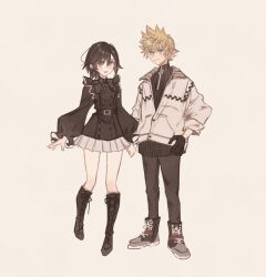 Rule 34 | 1boy, 1girl, alternate costume, black hair, blonde hair, blue eyes, boots, full body, gloves, highres, kingdom hearts, kingdom hearts 358/2 days, looking at viewer, open mouth, printemps, roxas, short hair, simple background, skirt, smile, spiked hair, xion (kingdom hearts)