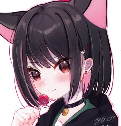 Rule 34 | 1girl, animal ears, black choker, black hair, blue archive, candy, cat ears, choker, closed mouth, commentary, extra ears, food, highres, holding, holding candy, holding food, holding lollipop, kazusa (blue archive), lollipop, looking at viewer, multicolored hair, pink hair, simple background, solo, two-tone hair, upper body, white background, yizhi jiandan