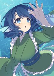 Rule 34 | 1girl, absurdres, blue eyes, blue hair, blush, drill hair, e sdss, fingernails, fins, frilled kimono, frilled sleeves, frills, green kimono, head fins, highres, holding, japanese clothes, kimono, long sleeves, mermaid, monster girl, obi, open mouth, sash, short hair, solo, touhou, underwater, wakasagihime, wide sleeves