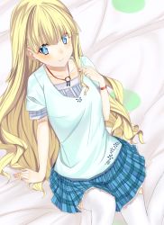 Rule 34 | 1girl, arm support, billion (billion0103), blonde hair, blue eyes, blush, bracelet, casual, collarbone, daiteikoku, from above, highres, jewelry, looking up, necklace, plaid, plaid skirt, retia adolf, sitting, skirt, smile, solo, thighhighs, white thighhighs