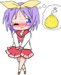 Rule 34 | 1girl, between legs, blush, brown footwear, chibi, closed mouth, crossed legs, embarrassed, female focus, full body, hairband, hand between legs, have to pee, highres, hiiragi tsukasa, long sleeves, looking at viewer, lucky star, neckerchief, nose blush, one eye closed, own hands together, papergami, pleated skirt, purple eyes, purple hair, red neckerchief, red sailor collar, red serafuku, red skirt, sailor collar, school uniform, serafuku, shirt, shoes, short hair, simple background, skirt, socks, solo, standing, sweat, thought bubble, trembling, urine meter, v arms, wavy mouth, white background, white shirt, white socks, yellow hairband