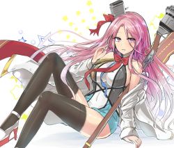 Rule 34 | 1girl, azur lane, bare shoulders, blush, breasts, commentary request, dress, gloves, hair between eyes, hair ornament, large breasts, lexington (azur lane), long hair, looking at viewer, open mouth, pink hair, purple eyes, ribbon, smile, solo, thighhighs, y2