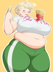 1girl benpai blonde_hair blush braid breasts closed_eyes closed_mouth crop_top eating elf elf-san_wa_yaserarenai. elfuda_(elf-san_wa_yaserarenai.) fat fat_rolls fat_woman food food_in_mouth french_fries happy highres holding holding_food holding_french_fry huge_breasts midriff navel plump pointy_ears short_hair simple_background smile solo thick_thighs thighs yellow_background