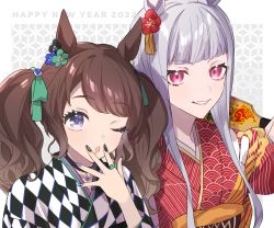 Rule 34 | 2girls, alternate costume, animal ears, black nails, blue nails, blunt bangs, brown hair, choker, flower, gold ship (umamusume), grey hair, hair flower, hair ornament, hand to own mouth, happy new year, holding, holding paddle, horse ears, horse girl, japanese clothes, kimono, meumiharagane, multicolored nails, multiple girls, nail polish, new year, one eye closed, paddle, parted lips, purple eyes, purple nails, red eyes, tosen jordan (umamusume), twintails, umamusume, upper body
