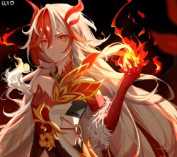 Rule 34 | 1girl, artist name, bare shoulders, breasts, chinese clothes, closed mouth, elvo-.- (ugo62847033), eyebrows hidden by hair, fire, fu hua, fu hua (garuda), highres, holding, honkai (series), honkai impact 3rd, long hair, looking at viewer, simple background, small breasts, solo, upper body, white hair
