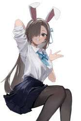 Rule 34 | 1girl, absurdres, animal ears, arm up, asuna (blue archive), black pantyhose, blue archive, blue bow, blue bowtie, blue eyes, blue skirt, bow, bowtie, brown hair, collared shirt, commentary request, fake animal ears, feet out of frame, grin, hair over one eye, hand up, highres, invisible chair, long hair, looking at viewer, maochibuqihuyu, pantyhose, rabbit ears, shirt, simple background, sitting, skirt, smile, solo, very long hair, white background, white shirt