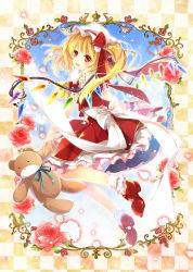 Rule 34 | 1girl, blonde hair, dress, flandre scarlet, flower, hat, hat ribbon, highres, long sleeves, mob cap, mochizuki shiina, open mouth, pink rose, puffy short sleeves, puffy sleeves, red dress, red eyes, ribbon, rose, sash, short sleeves, side ponytail, smile, solo, stuffed animal, stuffed toy, teddy bear, touhou, wings, wrist cuffs