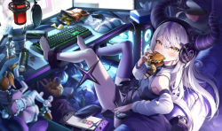 Rule 34 | 1girl, ahoge, animal ears, ankle cuffs, bag, bare shoulders, barefoot, black dress, bottle, bowl, breast mousepad, burger, can, cellphone, censored, censored food, chips (food), chopsticks, commentary request, computer, couch, demon girl, demon horns, desk, detached leggings, detached sleeves, dress, eating, fangs, feet on table, food, food in mouth, full body, hakui koyori, headset, holding, holding can, holding food, hololive, horns, keyboard (computer), kito koruta, la+ darknesss, long hair, long sleeves, looking at viewer, looking to the side, monitor, monster energy, mouse ears, mousepad, multicolored hair, multiple monitors, nail polish, nintendo switch, nissin cup noodle, on couch, phone, purple hair, purple legwear, signature, silver hair, sleeveless, sleeveless dress, smartphone, solo, streaked hair, tail, thighs, tissue box, toenail polish, toenails, v-shaped eyebrows, virtual youtuber, yellow eyes