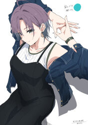 1girl absurdres ahoge asakura_toru black_dress blue_eyes blue_jacket blue_nails blush brown_hair collar denim denim_jacket dress earrings eyelashes fingernails gradient_hair grey_hair highres idolmaster idolmaster_shiny_colors interlocked_fingers jacket jacket_partially_removed jewelry misaki_nonaka multicolored_hair nose open_clothes open_jacket shadow short_hair signature sitting sleeveless smile stretching sweater_vest white_background white_sweater_vest