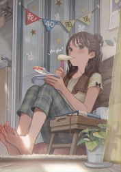 Rule 34 | 1girl, absurdres, barefoot, blue pants, blush, brown eyes, brown hair, calendar (object), chair, eating, food, food in mouth, fork, hair bun, hand up, highres, holding, holding food, holding fork, holding plate, indoors, knees up, long hair, original, pants, parted lips, plaid, plaid pants, plant, plate, potted plant, shirt, short sleeves, single hair bun, sink, sitting, solo, star (symbol), t-shirt, table, utaka (anyoanyot), yellow shirt