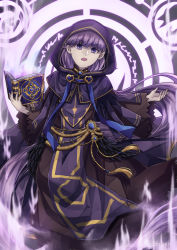 Rule 34 | 1girl, absurdres, book, braid, cape, cloak, commission, commissioner upload, feathers, fire emblem, fire emblem: the binding blade, french braid, heart, highres, jewelry, long hair, long sleeves, magic, magic circle, nintendo, open mouth, purple eyes, purple hair, robe, serious, solo, sophia (fire emblem), suitan, tassel