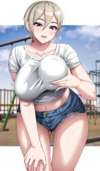 Rule 34 | 1girl, :d, blue eyes, blue shorts, blush, breasts, collarbone, gluteal fold, grey hair, hair between eyes, heart, highres, idolmaster, idolmaster cinderella girls, large breasts, leaning forward, looking at viewer, open mouth, outdoors, shiomi syuko, shirt, short hair, short shorts, short sleeves, shorts, smile, solo, thighs, white shirt, yoohi