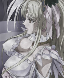 Rule 34 | 10s, 1girl, aphrodite (suite precure), blonde hair, breasts, choker, cleavage, detached collar, detached sleeves, dress, empty eyes, expressionless, eyelashes, frilled dress, frills, from above, hair ornament, hair ribbon, haruyama kazunori, large breasts, long hair, muted color, petrification, precure, profile, queen, ribbon, solo, stone, suite precure, white dress