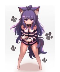 Rule 34 | 1girl, ahoge, animal ears, bare legs, bare shoulders, barefoot, belt collar, cat ears, cat girl, closed mouth, collar, commission, copyright request, full body, highres, holding, holding leash, hwaryeok, leash, long hair, no pants, paw print, paw print background, prison clothes, purple eyes, purple tail, simple background, standing, tail, very long hair