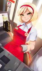 Rule 34 | 1girl, 2019, apron, bad id, bad pixiv id, barcode scanner, blonde hair, blush, breasts, buying condoms, cash register, cashier, character name, collared shirt, commentary, condom box, earrings, english commentary, green eyes, hairband, half-closed eyes, highres, holding scanner, indoors, jewelry, looking at viewer, merunyaa, name tag, original, pov, red apron, red hairband, sammy (bestsammy), scanner, seductive smile, shirt, shop, short hair, short sleeves, signature, smile, smirk, solo, trojan (brand), white shirt, wing collar