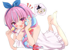 Rule 34 | 2girls, absurdres, barefoot, blue hair, bow, bow hairband, braid, breasts, cellphone, chips (food), cleavage, dress, feet, feet up, flower, food, frilled nightgown, full body, hair bow, hair flower, hair ornament, hair over shoulder, hairband, highres, holding, holding food, holding phone, hololive, kanti15, long hair, looking at viewer, lying, medium breasts, minato aqua, multicolored hair, multiple girls, murasaki shion, nightgown, on stomach, open mouth, phone, pink eyes, pink hair, potato chips, sleeveless, sleeveless dress, smartphone, smile, soles, speech bubble, streaked hair, the pose, toes, two-tone hair, virtual youtuber