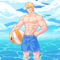Rule 34 | 1boy, abs, absurdres, bara, blonde hair, blue eyes, blue male swimwear, blue swim trunks, boku no hero academia, bulge, cloud, cloudy sky, drawstring, feraltintinsimp, hand on own hip, highres, large pectorals, male focus, male swimwear, manly, messy hair, muscular, nipples, one eye closed, pectorals, scar, short hair, sky, smile, solo, swim trunks, swimsuit, togata mirio, topless male, water