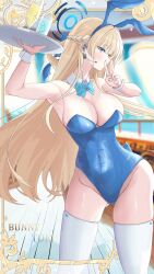 Rule 34 | 1girl, animal ears, armpits, blonde hair, blue archive, blue eyes, blue leotard, bow, bowtie, braid, breasts, detached collar, fake animal ears, halo, highleg, highleg leotard, highres, kennedukennedy1, large breasts, leotard, long hair, looking at viewer, multicolored hair, official alternate costume, playboy bunny, rabbit ears, solo, streaked hair, thighhighs, thighs, toki (blue archive), toki (bunny) (blue archive), very long hair, white thighhighs, wrist cuffs