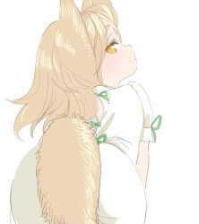 1girl animal_ears blonde_hair fox_ears fox_girl fox_tail from_behind kudamaki_tsukasa looking_at_viewer looking_back medium_hair s-a-murai shirt shorts smile solo tail touhou white_background white_shirt white_shorts yellow_eyes